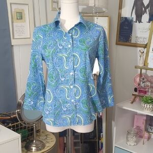 TALBOTS  Winkle Free Fitted Blue and Green Paisley Button-Up Shirt